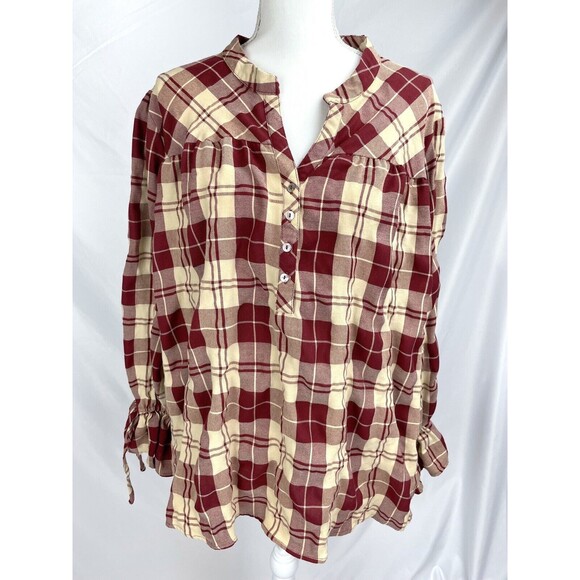 Weekend Suzanne Betro 3X Plaid Peasant Top Shirt Boho Red Long Sleeve Wrist Ties - Picture 1 of 7